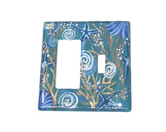 Deep Sea Light Switch Plates-Electrical Outlet Covers, Hand Painted Decorative Ocean Theme Wall Plate Covers, Blue Seashells, Starfish