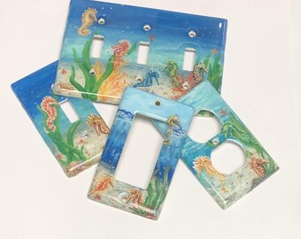 Seahorse Light Switch Plates-Outlet Covers, Hand Painted OceanTheme switchplates, Colorful Aquatic Wall Art, Bathroom, Kids Room, Nursery