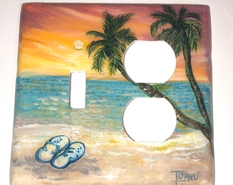 Hand Painted Light Switch Plate and Outlet Covers, Tropical Beach Switchplate wall plate covers, Sunset Palm Trees and Flip Flops wall art