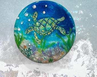 Hand-Painted Sea Turtle Magnet with added rhinestones, Unique Ocean Theme Wall Art, Coastal Home and Living Decor, Three-inch Wood Round,