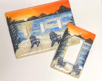 Lake House Beach Switch Plates and Electrical Outlet Wall Plate Covers, Hand Painted Switch Covers, Beach Chairs, Sunset, Lake House Decor