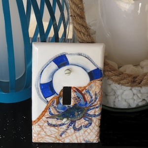 Ocean Style Light Switch and Outlet Wall Plate Covers, Hand Painted Blue Crab Nautical Ocean Theme Switch Plate Cover, Marine Sea Life Art