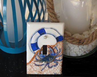 Ocean Style Light Switch and Outlet Wall Plate Covers, Hand Painted Blue Crab Nautical Ocean Theme Switch Plate Cover, Marine Sea Life Art