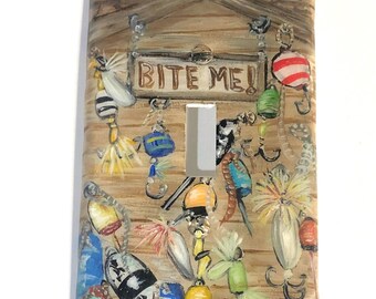 Rustic Fishing Buoys - Lures Hand Painted Light Switch Plates and Outlet Covers, Cabin Theme Home Decor, Painted Wall Plate Covers,