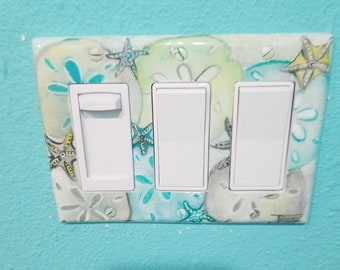 Starfish Sand Dollar Light Switch Plates- Outlet Covers, Hand Painted Coastal Seashell Beach Theme Decorative Wall Plate Covers for Bathroom