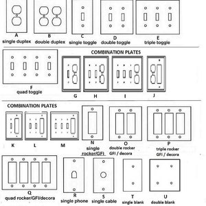 A black and white diagram of various electrical outlet and switch plate configurations. The plates are labeled with a corresponding letter for ordering, such as A. single duplex, B. double duplex, C. single toggle, D. double toggle, E. triple toggle, F. quad toggle, N. single rocker/GFI, O. double rocker GFI/decora, P. triple rocker GFI/decora, Q. quad rocker/GFI, T. single blank, and U. double blank. G-M indicates a variety of combination configurations with Decora Gfi, outlet and toggles