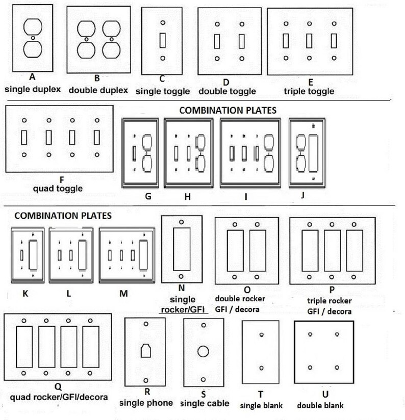 A black and white diagram of various electrical outlet and switch plate configurations. The plates are labeled with a corresponding letter for ordering, such as A. single duplex, B. double duplex, C. single toggle, D. double toggle, E. triple toggle, F. quad toggle, N. single rocker/GFI, O. double rocker GFI/decora, P. triple rocker GFI/decora, Q. quad rocker/GFI, T. single blank, and U. double blank. G-M indicates a variety of combination configurations with Decora Gfi, outlet and toggles