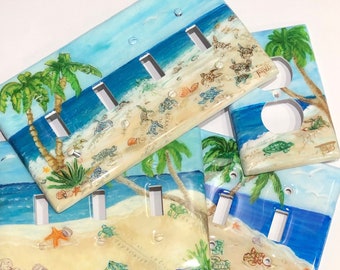 Sea Turtle Beach Light Switch Plates and Outlet Covers, Hand Painted Decorative Tropical Wall Cover Plates, Coastal Beach Turtles and Palms