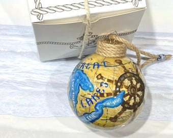 Personalized Nautical Ornament, Hand  Painted Great Lakes Ornament Ball with Box, Christmas Tree Decoration, Unique Nautical Mariner Gift
