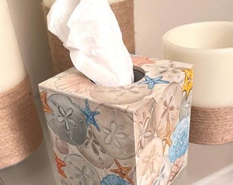 Hand-Painted Seashell Tissue Box Cover, Coastal Home Decor