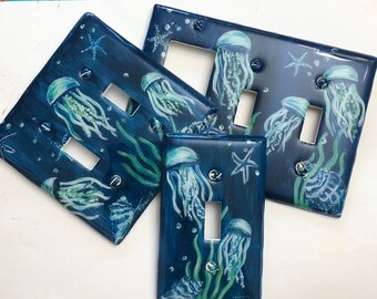 Jellyfish Light Switch Plates and Outlet Covers, Hand Painted Ocean Theme Decorative Switch Plates, Marine Coastal Home and Bath Decor