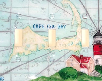 Cape Cod Map Switch Cover, Hand Painted Nauset Lighthouse Light Switch Plates and Outlet Wall Plate Cover, Nautical Navigation Map Wall Art