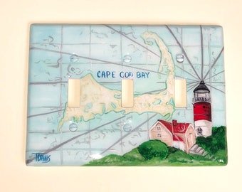 Cape Cod Map Switch Cover, Hand Painted Nauset Lighthouse Light Switch Plates and Outlet Wall Plate Cover, Nautical Navigation Map Wall Art