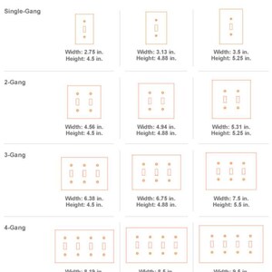A chart comparing the dimensions of electrical wall plates in three sizes: Standard, Midsize/Midway, and Jumbo Sizes  in inches: STANDARD- 1 Gang-4.5 x 2.75 / 2 Gang 4.56 x 4.56 / 3 Gang 4.5 x 6.38 / 4 Gang 2.75 x 8.19 MIDWAY- 1 Gang 4.88 x 3.13 / 2 Gang 4.88 x 4.94 / 3 Gang 4.88 x 6.75 / 4 Gang 4.88 x 8.5. JUMBO- 1 Gang x 3.5 x 5.25 / 2 Gang 5.31 x 5.25 / 3 Gang 7.5 x 5.5 / 4 Gang 9.5 x 5.5