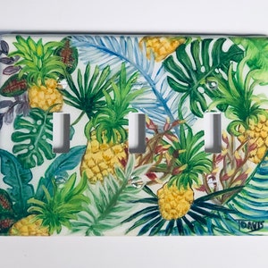 Pineapple Light Switch Plates-Outlet Wall Covers, Hand Painted Tropical Greenery and Foliage Theme Switch Plates, Decorative Green Wall Art