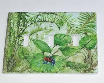Tropical rainforest light switch plates and outlet covers with hand-painted jungle tree frog theme decorative wall plate covers for any room