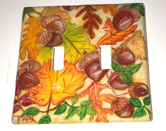 Rustic Wallplate Covers, Hand Painted Acorns with Fall Leaves Decorative Light Switch Plates and Outlet wall covers. Country Home Decor