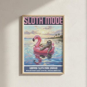 Sloth on Flamingo Float Art, Funny Beach Animal Poster, Coastal Summer Decor, Printable