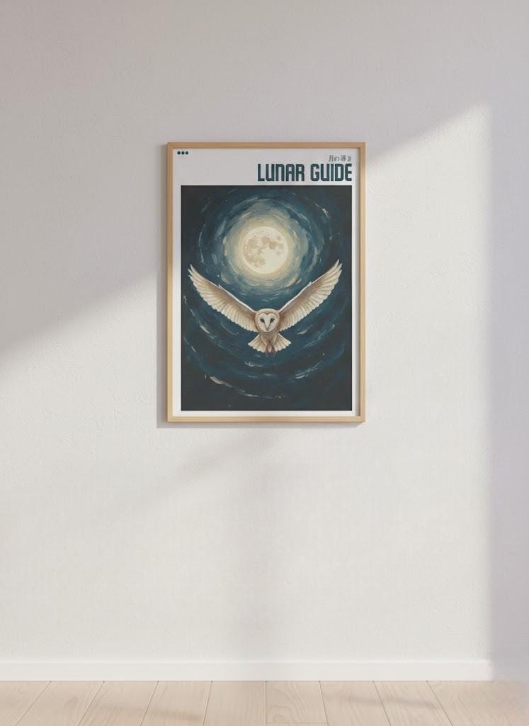 Owl Moon Wall Art Print, Celestial Whimsigoth Poster, Japandi Spirit Animal, Digital Download