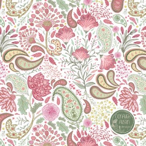 May include: A seamless pattern featuring a floral design with paisley elements. The pattern includes pink, red, and green flowers and paisley shapes on a white background. The design is intricate and detailed, with a vintage aesthetic.