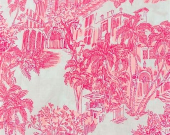 Pink and white toile cotton poplin fabric  rare