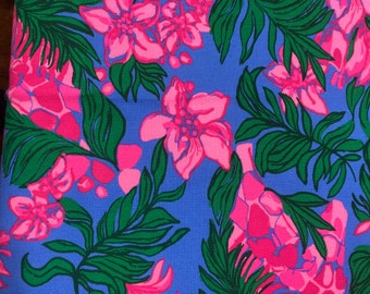 Blue green pink flower textured print knit fabric preppy LP 9x18 or 18x18  rare