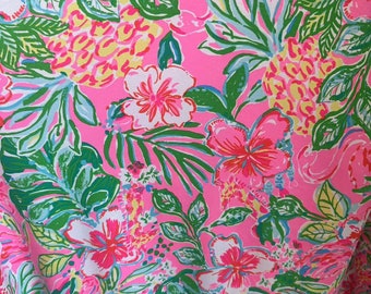 New Cotton texture knit flowers, pineapples and flamingos print fabric LP  9 X 18 or 18 X 18 LP rare