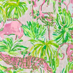 Fabric ~ Colorful Flamingo  elephant alligator giraffe poplin print.  9 X 18 or 18 X 18 preppy rare  Lilly P