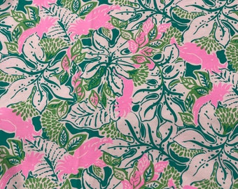 Pink and green flower print knit fabric preppy LP 9x18 or 18x18  rare
