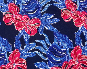 Pink red, and blue flower print knit fabric preppy LP 9x18 or 18x18  rare