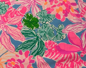 Pink blue and green flower print knit fabric preppy LP 9x18 or 18x18  rare
