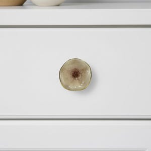 Peut inclure: Un bouton de meuble décoratif avec un design organique unique. Le bouton présente un centre brun clair en forme de fleur avec un bord doré. Le bouton est monté sur une porte d'armoire blanche.