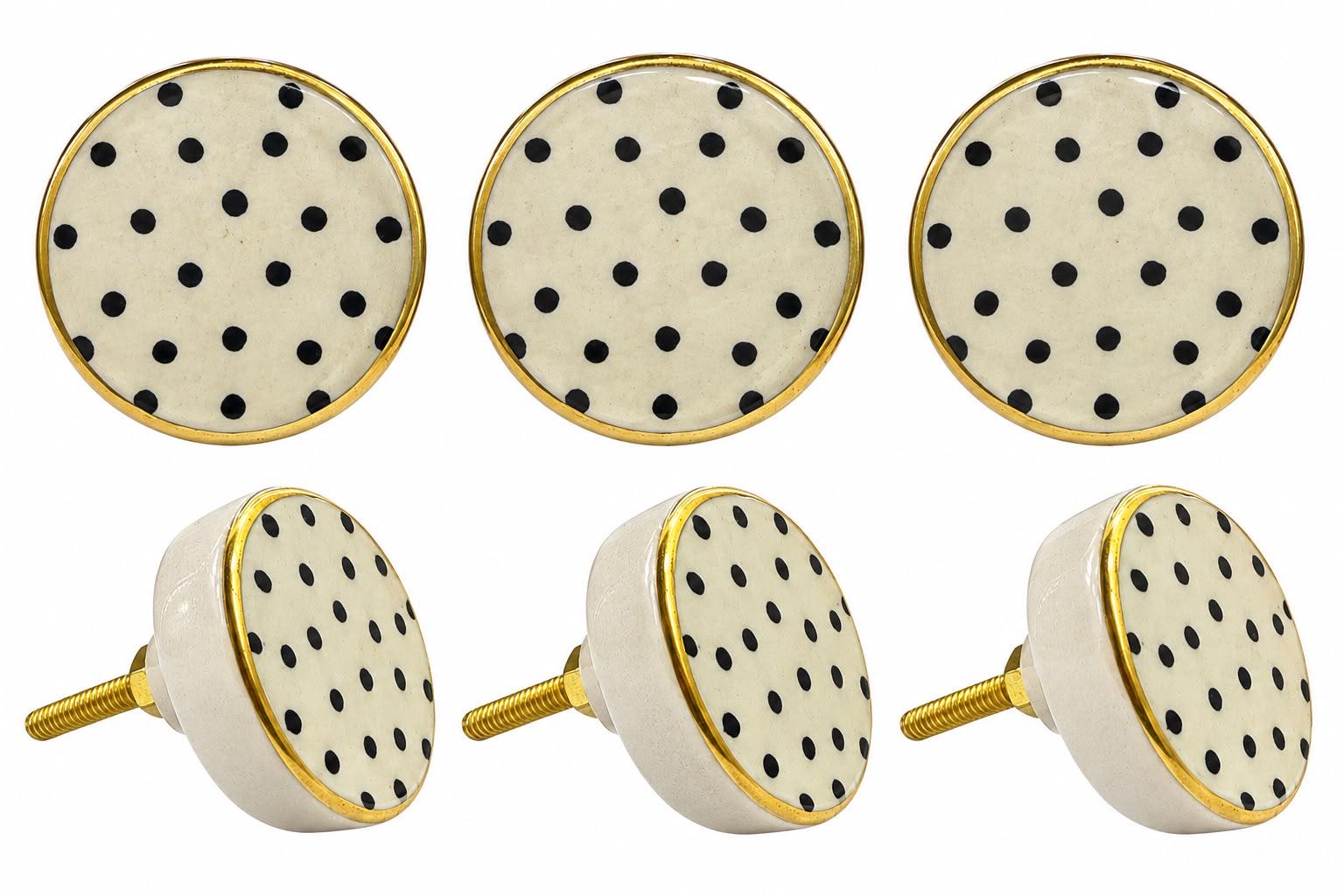 Black Polka Dot Ceramic Cabinet Knob, Gold Trim, Vintage Style Hardware