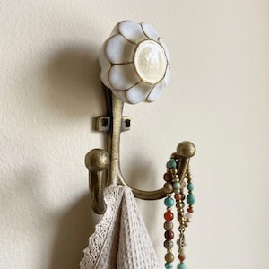 Antique Brass Double Wall Hook with Ceramic Mandala Knob | Floral Coat Rack