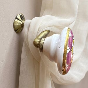 Ceramic Curtain Holdbacks, Gold Trim Mandala Floral Hooks, Vintage Boho Drapery Tie Backs