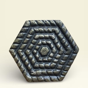 May include: A bronze-colored, hexagonal cabinet knob with a textured, rope-like design. The knob features a series of concentric hexagons, creating a layered effect. The central area has a small, circular indentation. The overall aesthetic is rustic and decorative.