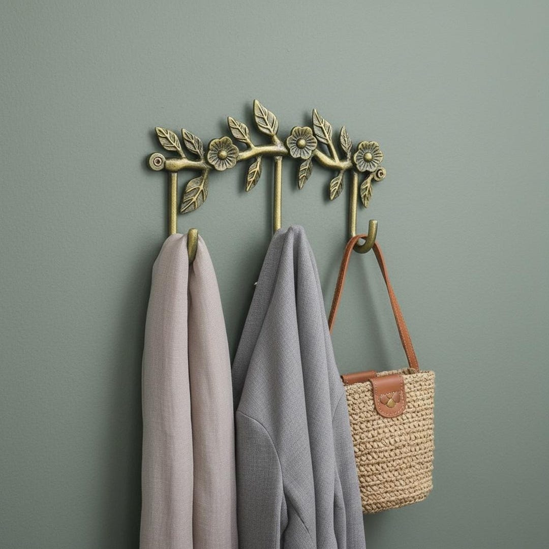 Rooster Roses Wall Rack Measuring Floral Wall Hook Rack | Antique Brass Coat Rack With Flower & Leaf ...