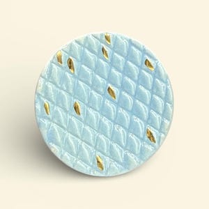 Può includere: Pomello rotondo in ceramica azzurra con motivo trapuntato e dettagli dorati. Il pomello è un elemento decorativo, probabilmente per un mobile o un cassetto, e ha una superficie strutturata.