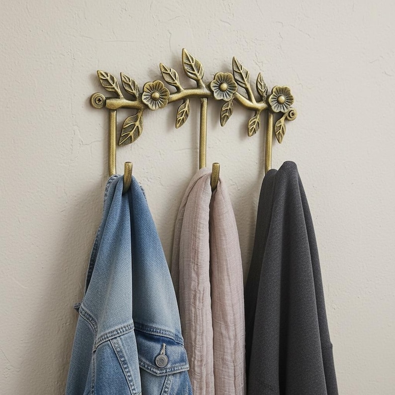 Rooster Roses Wall Rack Measuring Floral Wall Hook Rack | Antique Brass Coat Rack With Flower & Leaf ...