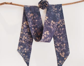 Hand-sewn Silk Scarf with Rose Ring,Ramie&Tencel,Eco-friendly,Navy Blue Floral Vine Print