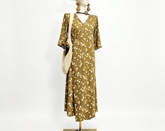 Custom Hand-sewn Ramie Tencel Dress,Three-quarter Sleeve Wrap Dress,Mustard Floral ,Full Matching Set