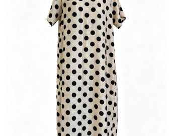 Custom Hand-sewn Ramie Tencel Dress, Pollka Dots Print, Short Sleeve C-Neck, Cream Apricot