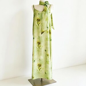 Custom Hand-sewn Ramie Tencel Dress,V-Neck Slip Dress,Green Floral Print image 1