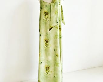 Custom Hand-sewn Ramie Tencel Dress,V-Neck Slip Dress,Green Floral Print