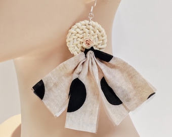 Hand-sewn Rattan Tassel Earrings, 925 Sterling Silver, Oversize Fabric Drops,Matching Dress Fittings