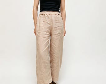 Custom 100% Sand-Washed Linen Elastic Waist Straight-Leg Cropped Pants, Solid Basic Colors