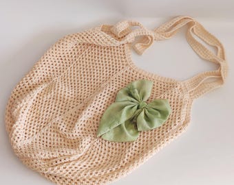 Hand-Sewn Bow Decor Woven Bag, Beige Mesh Tote Bag, Matching Green Floral Print