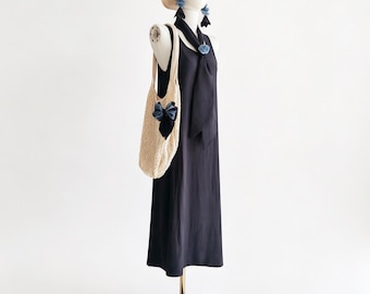 Custom Hand-sewn Ramie Tencel Dress,SQ Neck Tank Dress,Solid Black,Full Matching Set