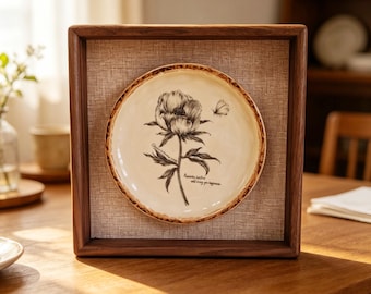 Ceramic Plate Display,Black Walnut Tabletop Frame,Vintage Floral Hand-painted Sketch Decor