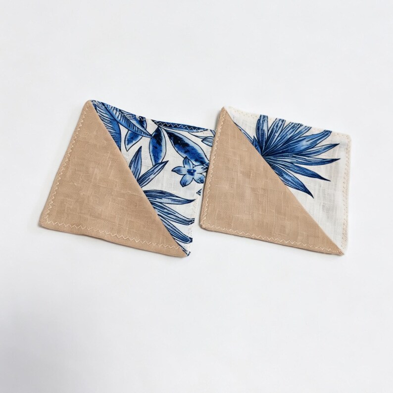 Washed Linen Coaster, Blue Floral Spliced Design, Handmade Square Heat Insulation Pad 2pcs Set, Triangle